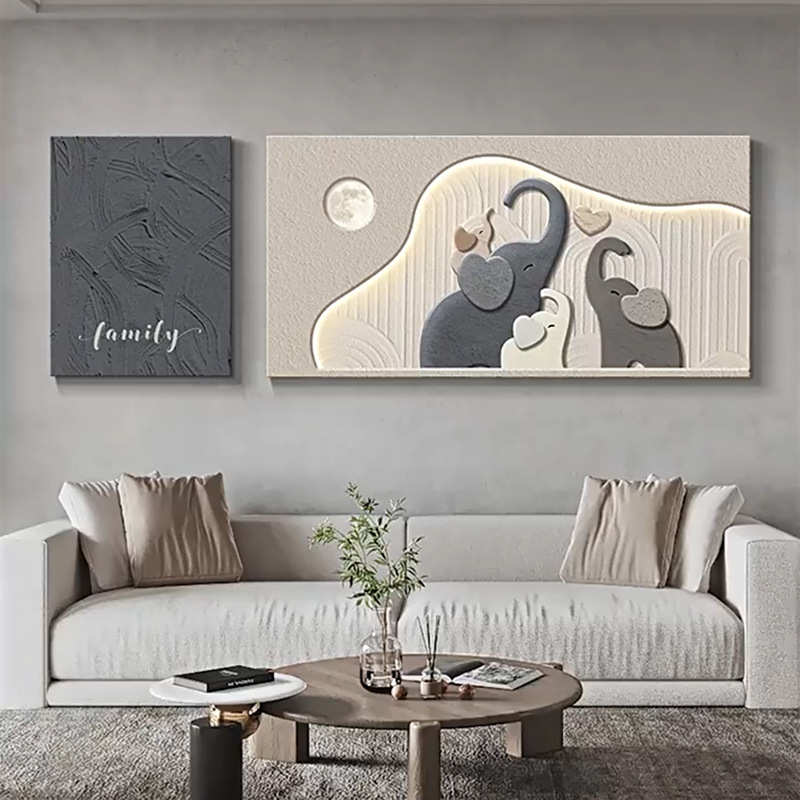 奶油风大象客厅装饰画简约高级感沙发背景墙挂画侘寂风立体壁灯画图片