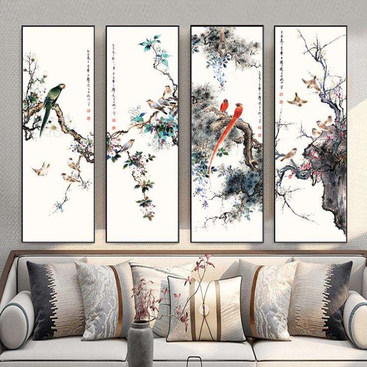 花鸟装饰画新中式书房茶室客厅沙发背景玄关挂画竖幅四条屏壁画