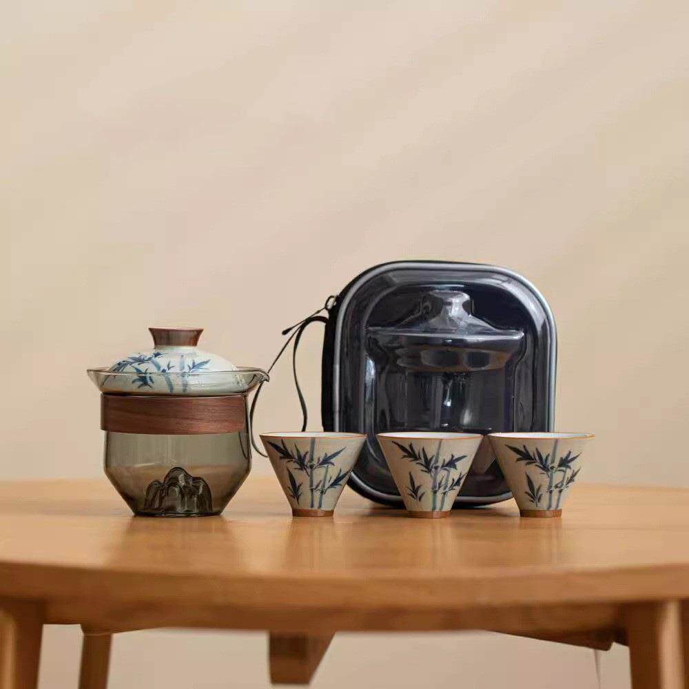 中式茶壶旅行茶具套装便携式快客杯一人饮青花瓷茶杯户外露营简易