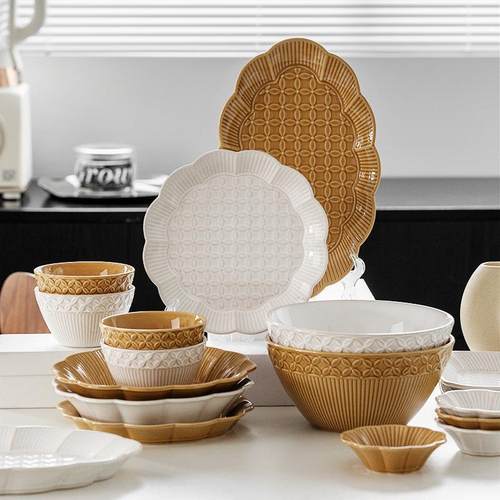 尚恩日式浮雕窑变餐具复古碗碟套装家用吃饭碗漂亮的碗碟子盘子