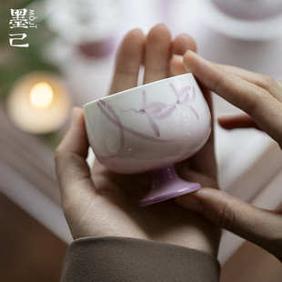 墨己玉泥渐变蓝高足仿宋圆口茶杯功夫茶具家用手绘兰花品茗杯单杯