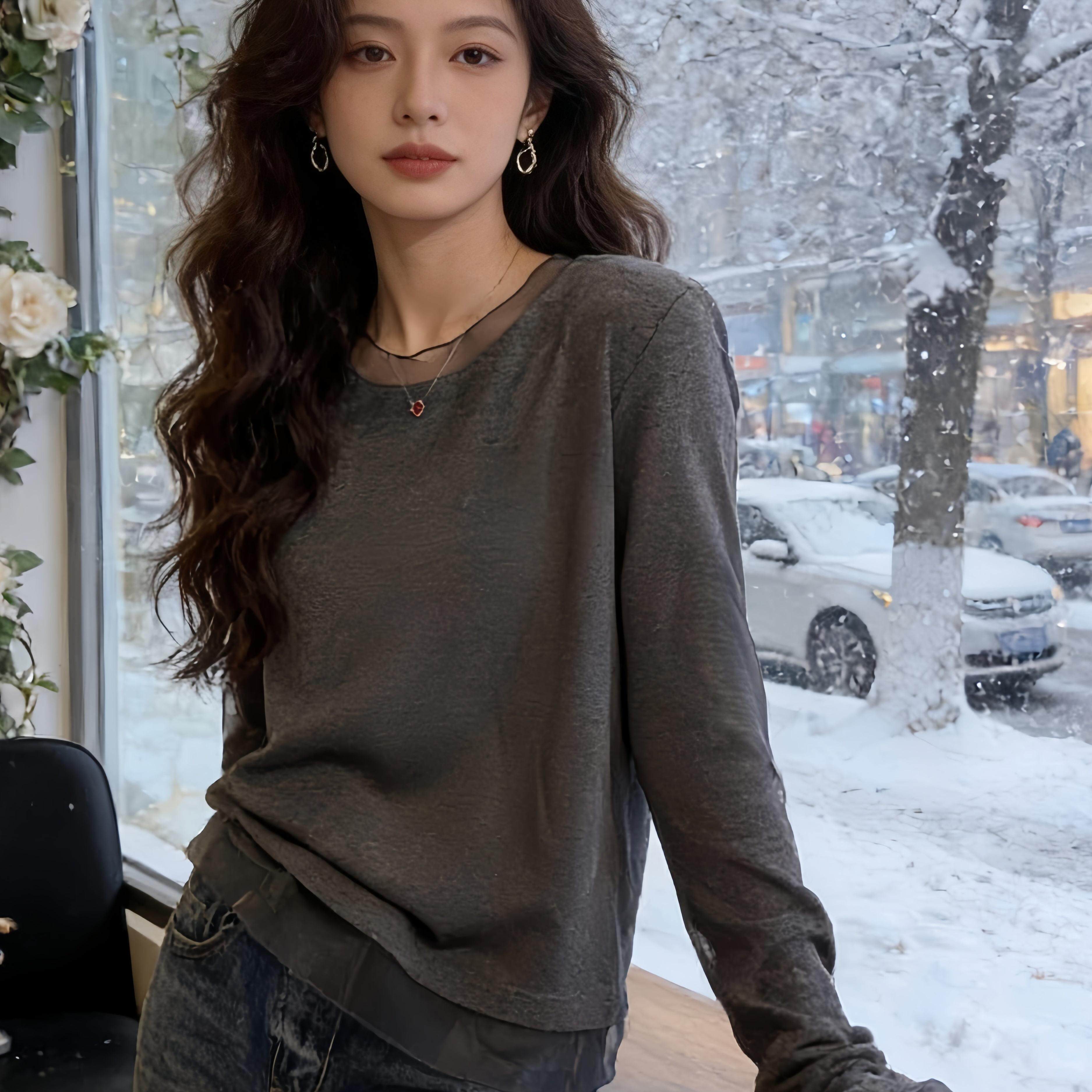 法式Rixo Kelly灰色雪纺拼接长袖t恤女春内搭打底衫百搭显瘦上衣