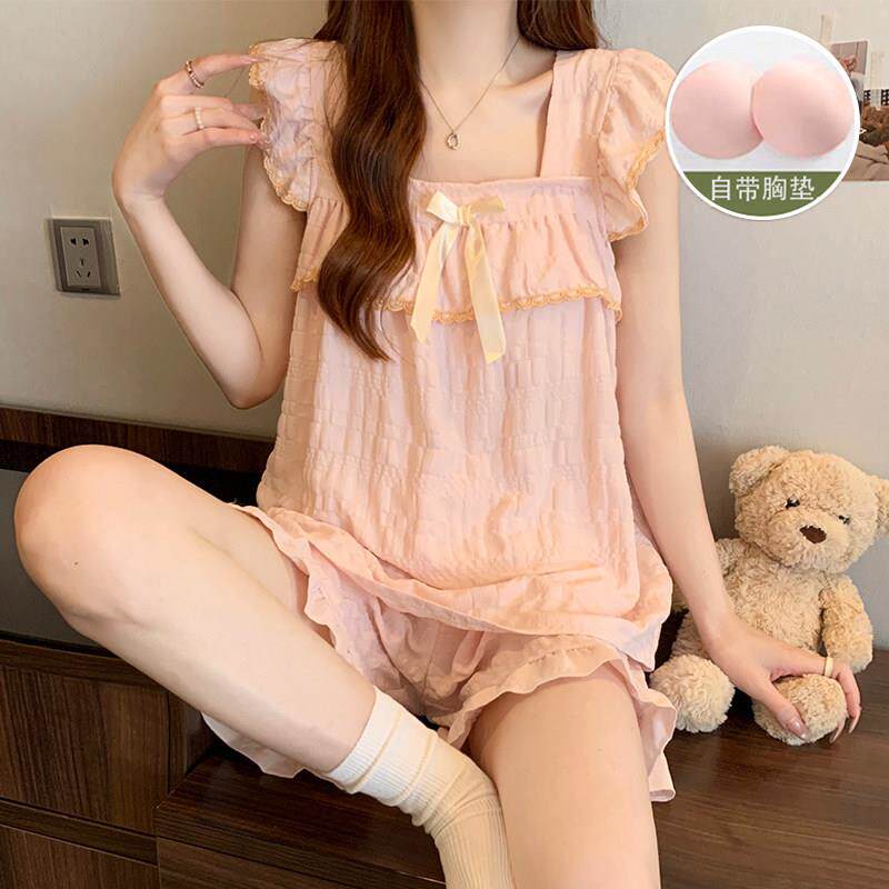 小个子无袖带胸垫家居服垫一体吊带睡衣女士夏天薄款套装女士无袖