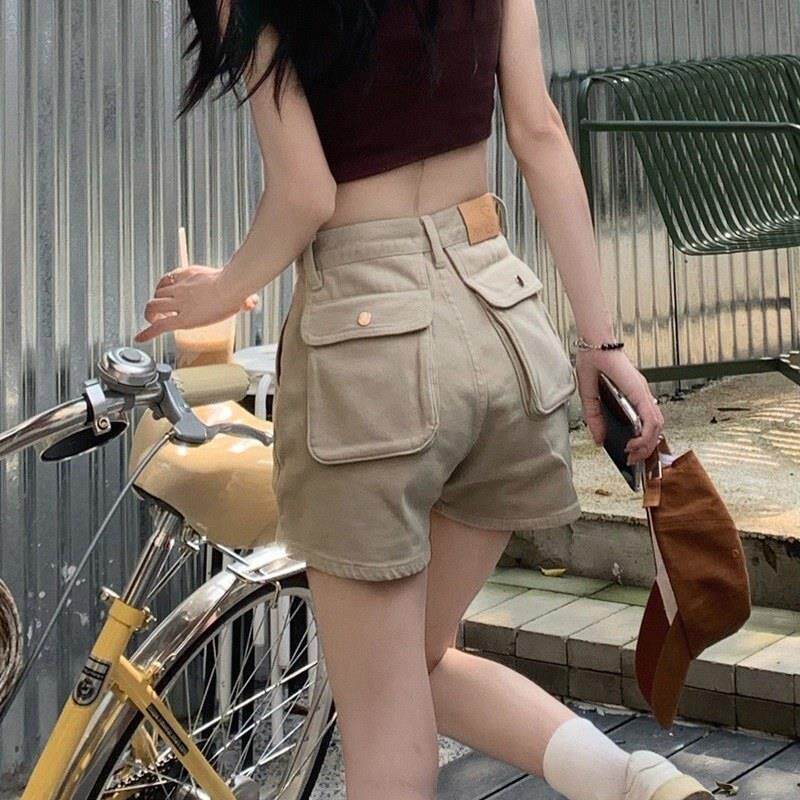 卡其色工装牛仔短裤女夏欧货薄款高腰大口袋甜辣a字胖mm提臀热裤