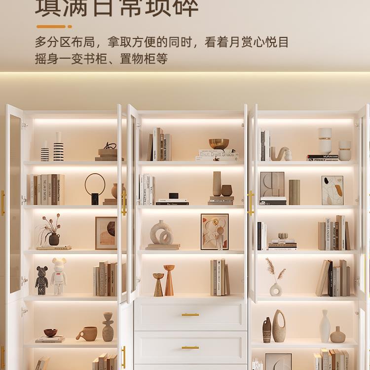 实木书柜带玻璃门展示柜一体整墙组合书架书橱置物柜可定防尘柜子