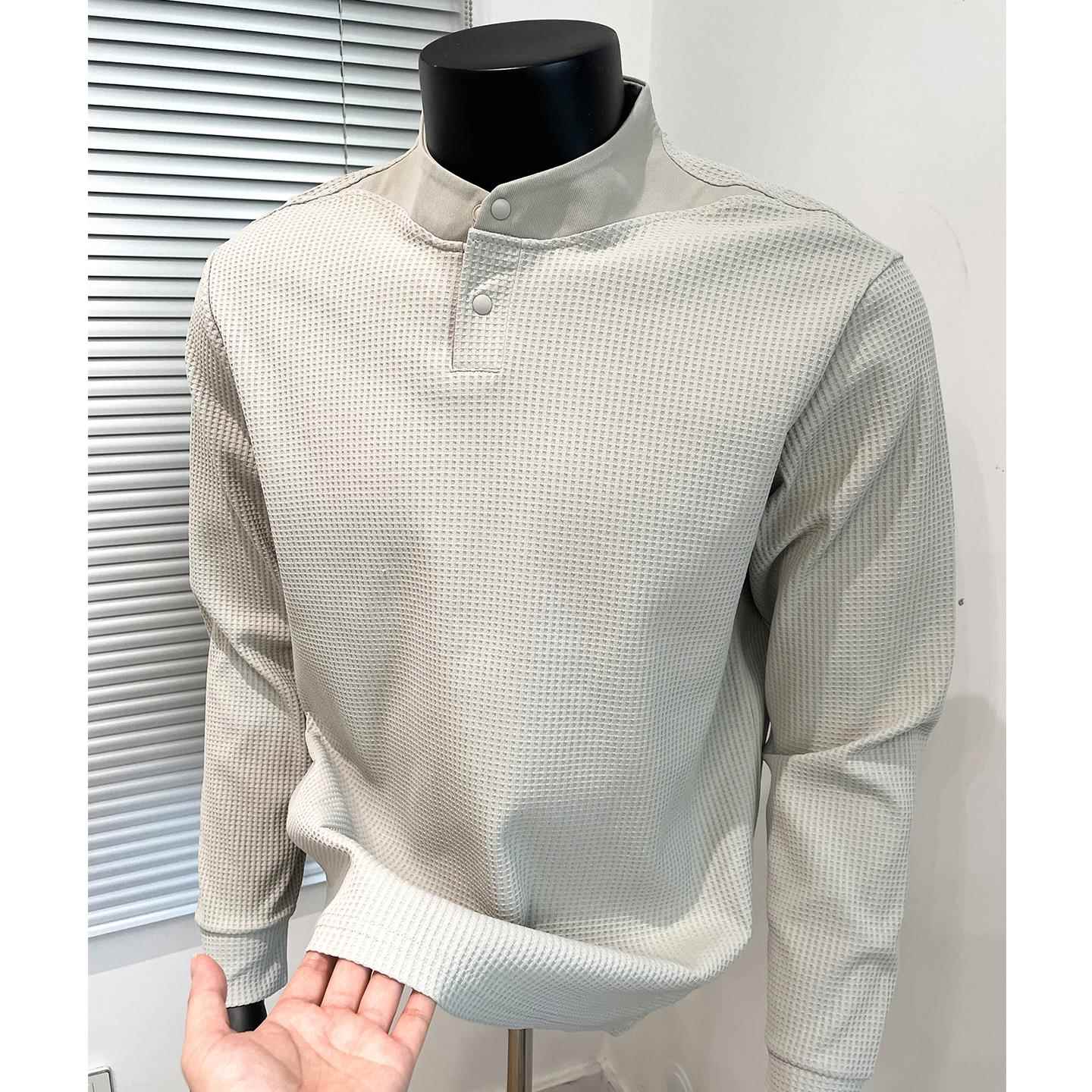 小立领华夫格卫衣男2025新款秋冬中青年半开领上衣亨利领长袖T恤