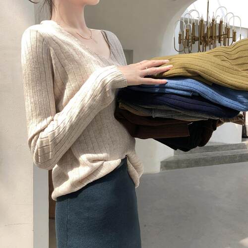 Long sleeved autumn clothes, women's outerwear, V-neck