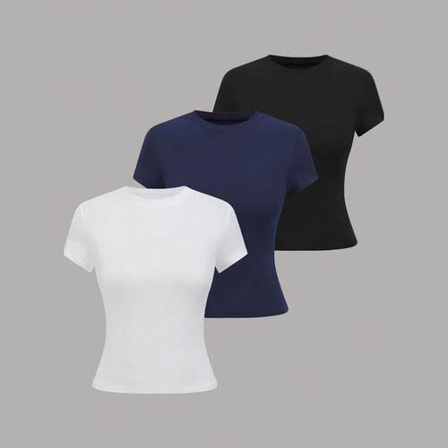Women'S Solid Color Round Neck Tee, Casual Short Sleeve