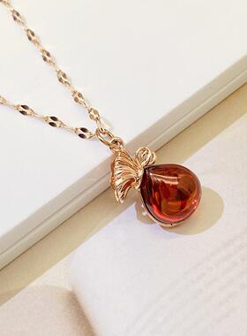 红色石榴石钱袋子吊坠小众设计中国风高级感项链福袋挂件锁骨链女