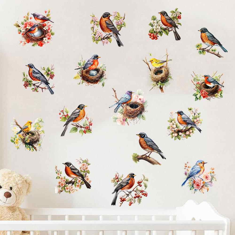 自粘防水遮污喜鹊树枝画眉小鸟墙贴客厅卧室儿童房鸟窝墙贴画