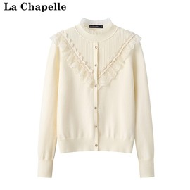 拉夏贝尔/La Chapelle女士长袖针织衫秋季蕾丝拼接高级感上衣