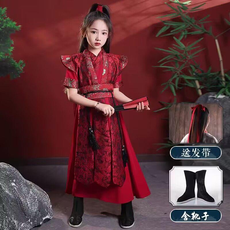 高档童儿花木兰汉服春秋古风古装装走秀武侠演出服红色童霸女气服图片
