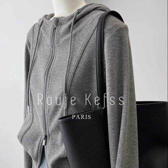 Rouje kefss法式鱼骨拼接拉链卫衣外套女春连帽运动修身收腰上衣