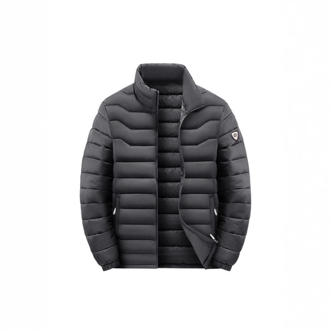 Men's Black Quilted Puffer Jacket - Lightweight Stand Collar图片