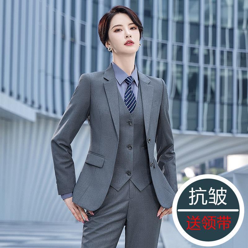 灰色西服套装女大学生面试职业修身西装外套气质正装三件套工作服