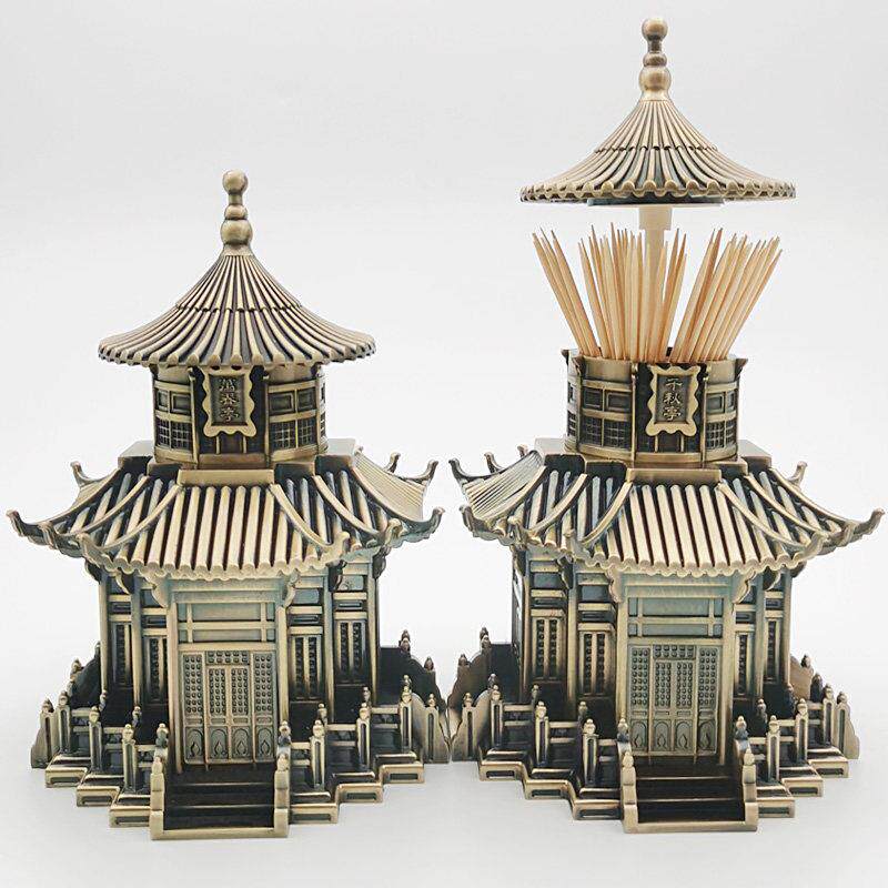 金属牙签盒中式古代建筑创意彷古风自动按压式客厅餐桌高档牙签筒