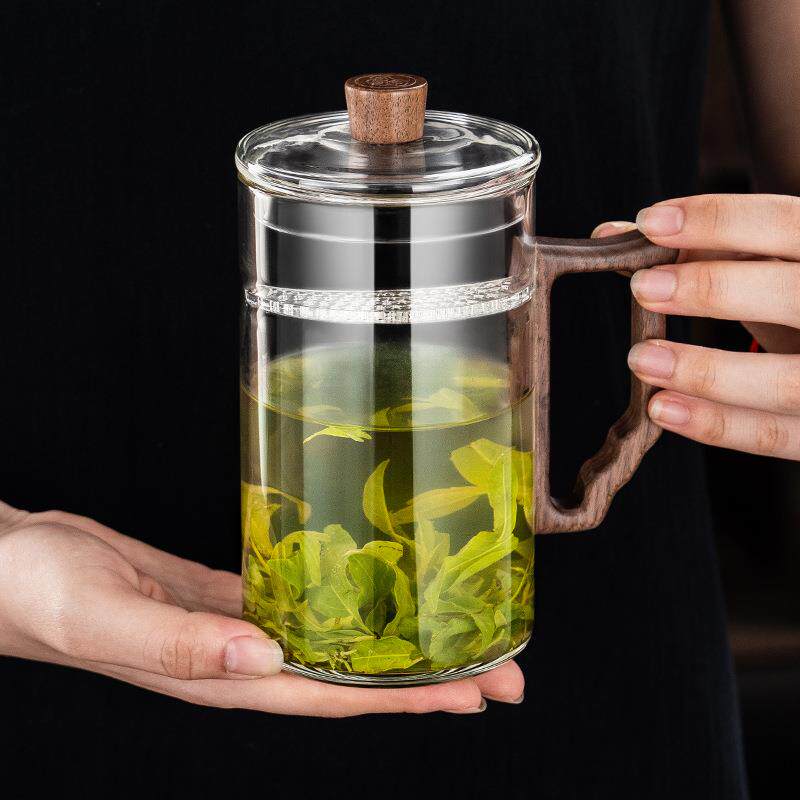 耐高温玻璃茶杯高硼硅材质绿茶杯月牙过滤一体泡茶杯家用木把杯子