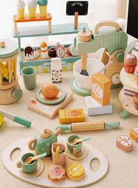 Wooden Pretend Play Kitchen Toys Coffee Machine Tea Set Toy