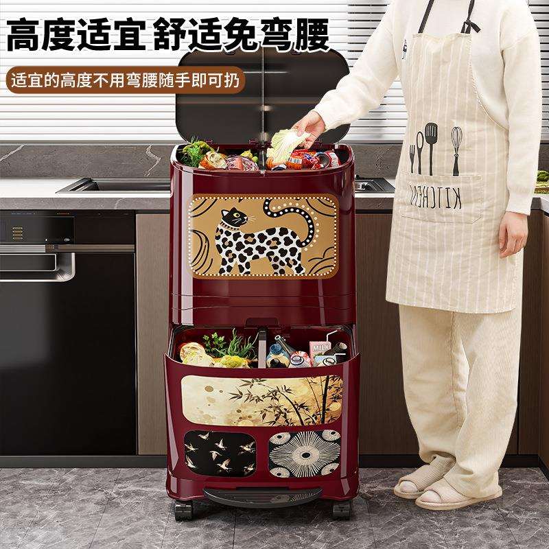 家用多功能双层垃圾桶塑料大号印花复古风免弯腰厨房客厅垃圾分类