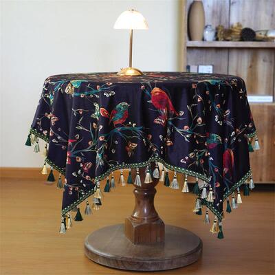 美式田园花鸟花卉绒面加厚长方餐桌布茶几圆桌布防尘钢琴盖巾