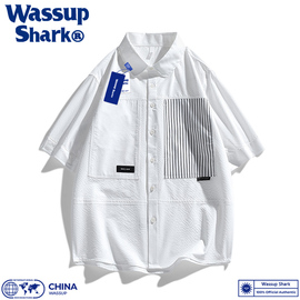 wassupshark日系cityboy短袖，衬衫男夏薄款休闲拼接衬衣港风半袖