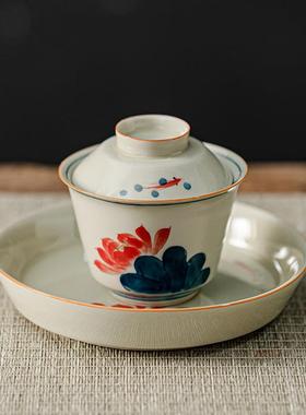 玩物尚置手绘三才盖碗茶杯陶瓷简约复古茶具家用不烫手敬茶碗单个