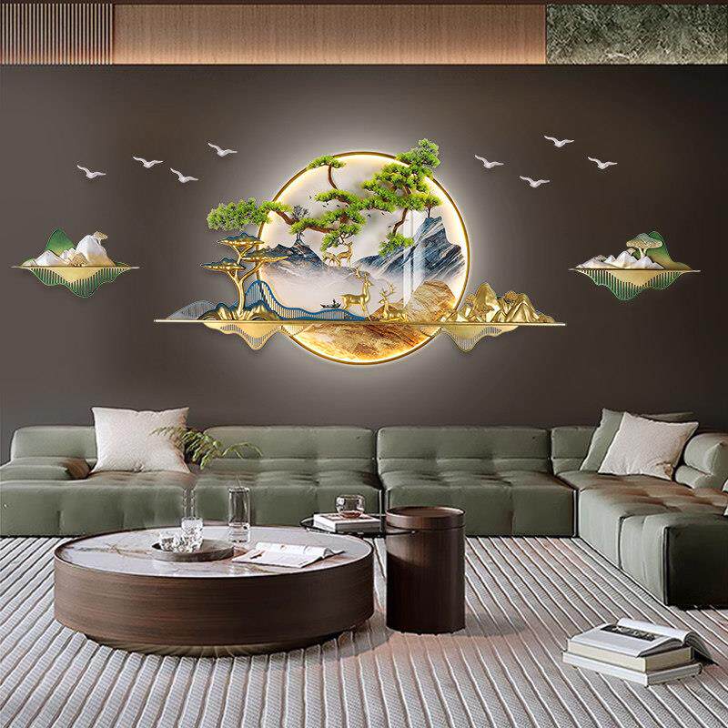 新中式客厅背景墙迎客松装饰画玄关3d立体灯光挂画大气山水壁灯画