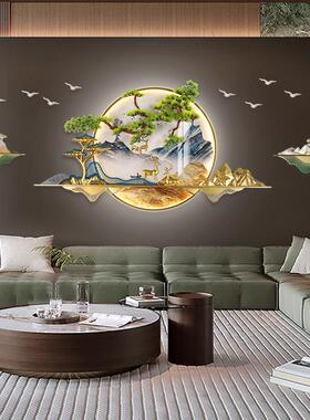 新中式客厅背景墙迎客松装饰画玄关3d立体灯光挂画大气山水壁灯画