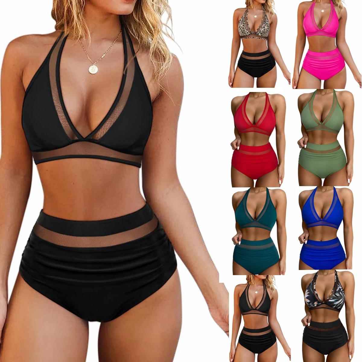 Mesh splicing split high waist bikini halter neck sexy slim