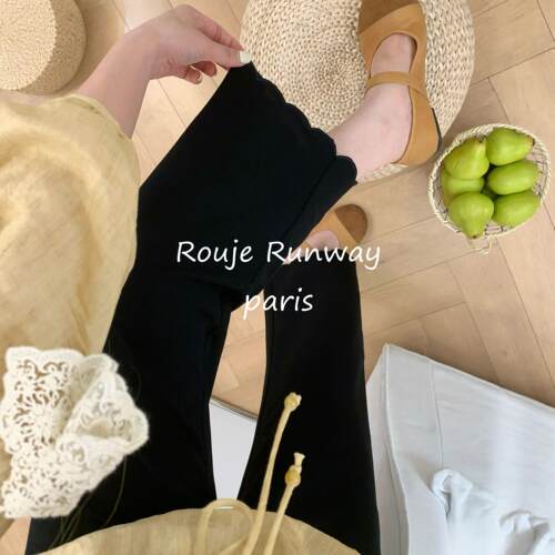 Rouje Runway黑色花边休闲裤女春季新款梨型身材显瘦休闲直筒裤子