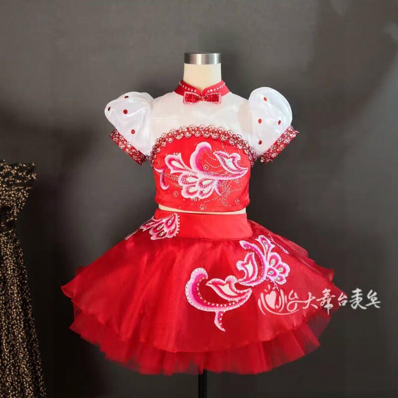 新款红色喜庆汉族舞蹈服六一儿童中国风演出服大红色喜庆元旦打鼓
