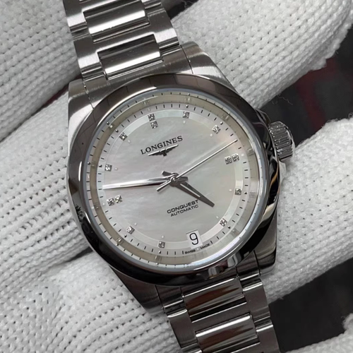 盒证[9.8新]浪琴康卡斯钢自动机械表贝母钻石女表L3.430.4.87.6