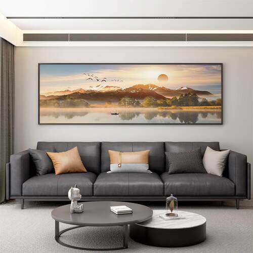 现代轻奢客厅装饰画山水风景横幅挂画背有靠山卧室书房背景墙壁画