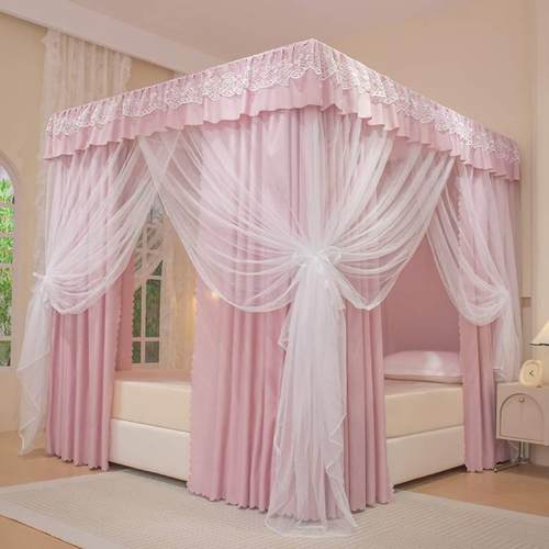 家用加厚遮光床帘公主卧三开门床幔防尘一体落式室保暖支地蚊p2TJ