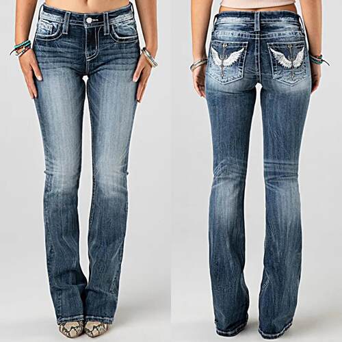 Embroidered women's high waisted elastic washed denim