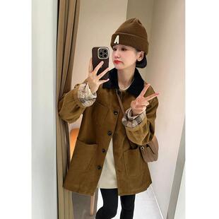 专柜2025春新款覆古灯芯绒撞色Polo领夹克外套女宽松休闲工装风衣