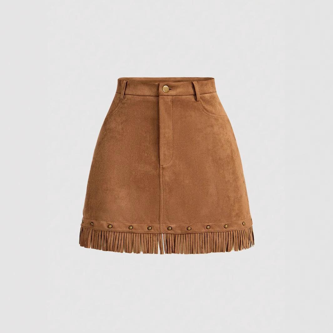 Waist Line Fringe Hem Faux Fitted Skirt Women Casual Bottom