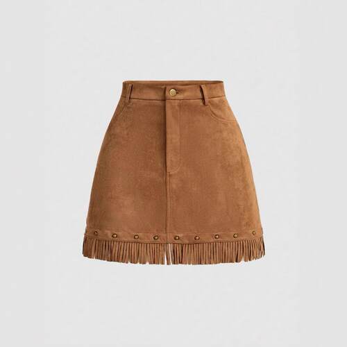 Waist Line Fringe Hem Faux Fitted Skirt Women Casual Bottom