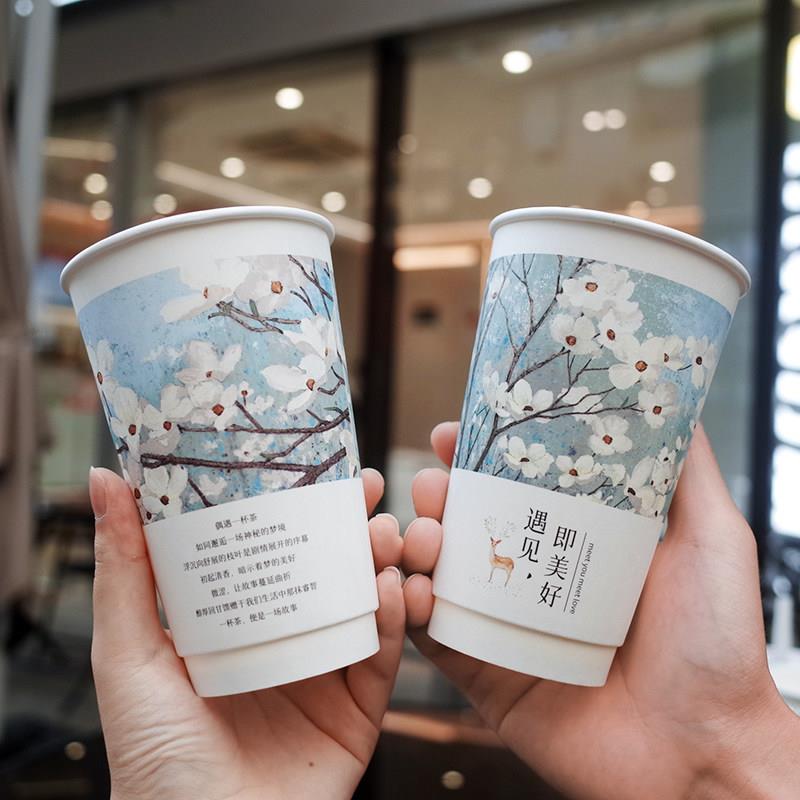 国风图案防漏加厚热饮杯一次性500ml奶茶纸杯双层中空杯定制