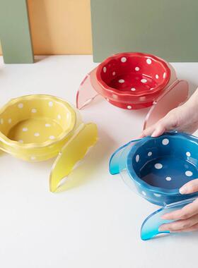 猫碗陶瓷带高颜值亚克力支架宠物碗托架波点碗猫狗碗护颈增高餐桌
