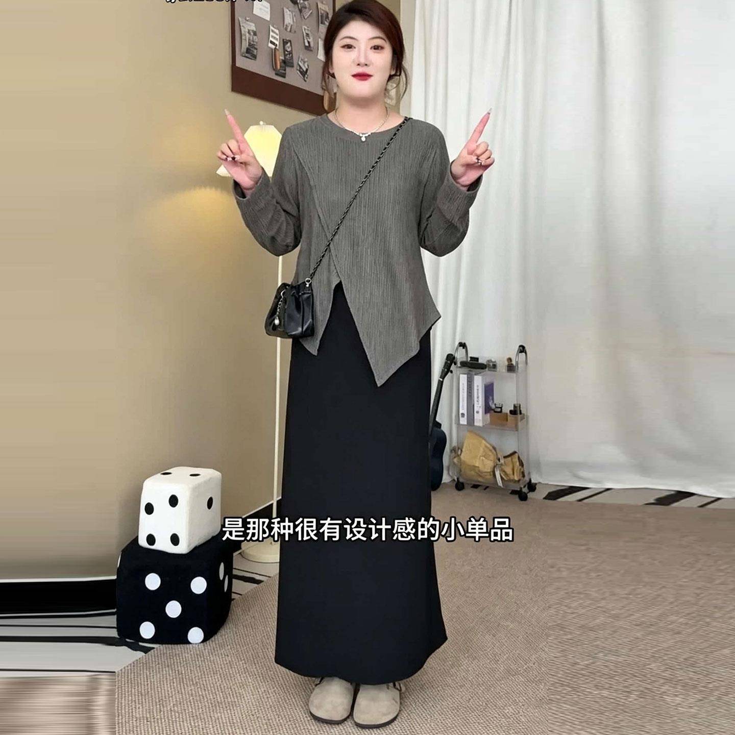 极速大码慵懒风不规则长袖T恤女秋季胖mm灰色宽松显瘦遮肚松弛感