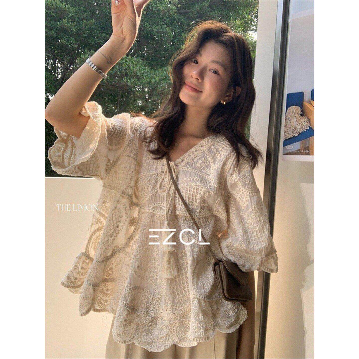 EZCL 法式波西米亚风刺绣蕾丝V领系带衬衫女夏季宽松正肩半袖上衣
