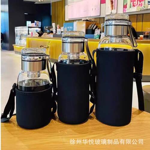 提绳吨吨杯大容量透明玻璃水杯高硼硅泡茶杯茶水分离1L便携水壶