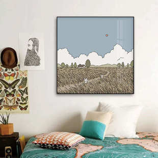 日韩卡通小动物风景手绘装 海滩猫咪小狗挂画儿童房 饰画森林四季