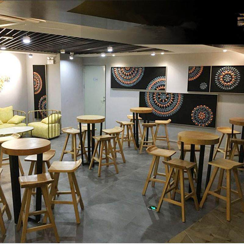 高脚铁艺吧台桌椅奶茶店实木吧台椅组合酒吧小圆桌吧凳商用场所