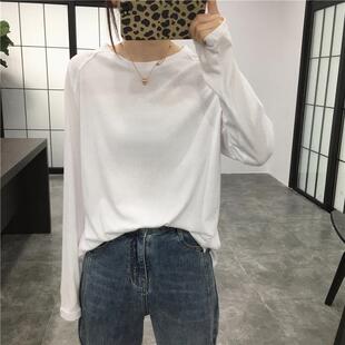 韩版纯色简约基础宽松百搭白色圆领套头长袖T恤上衣女新款春秋潮