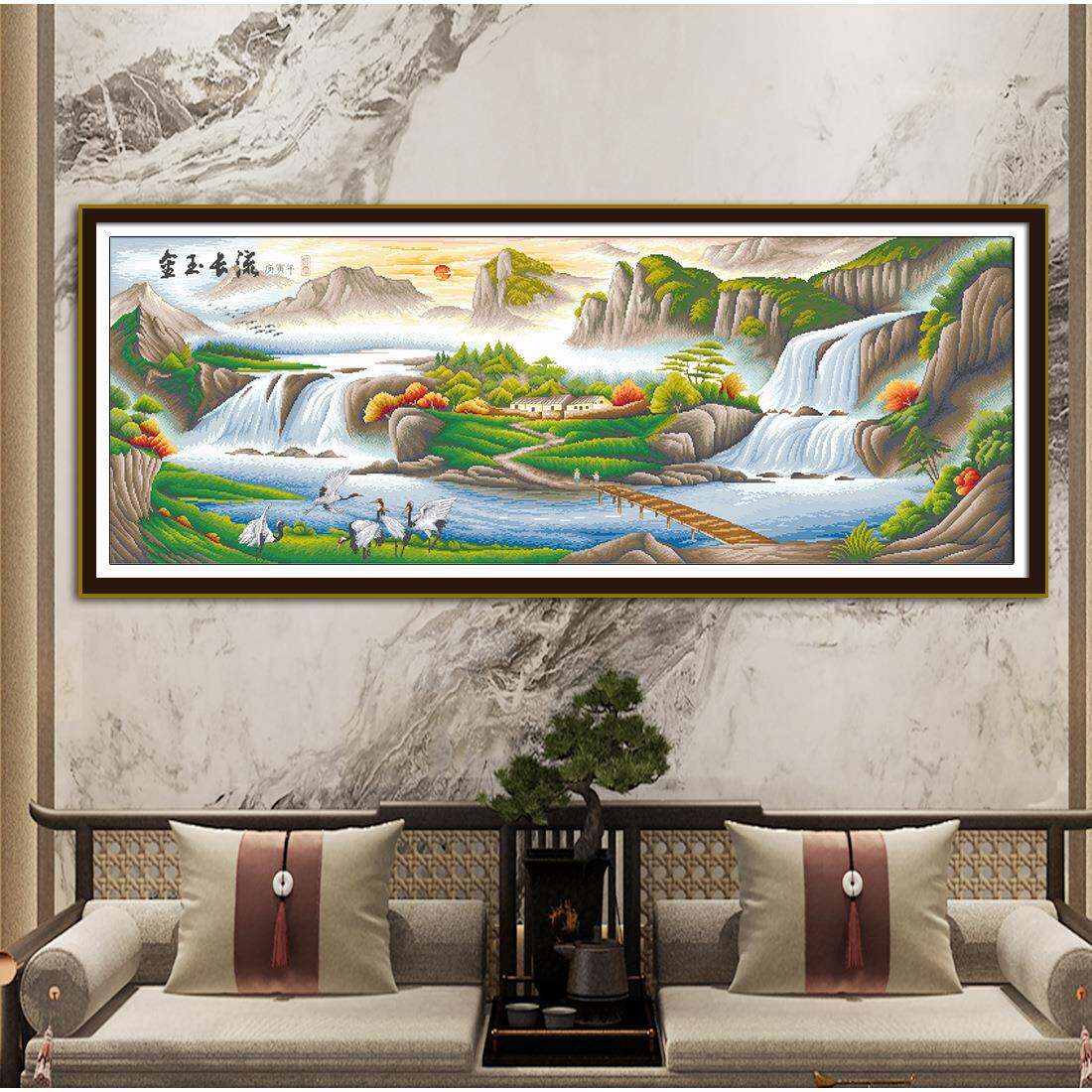 新款十字绣金玉长流风景画仙鹤版流水生财聚宝盆客厅山水手工刺绣