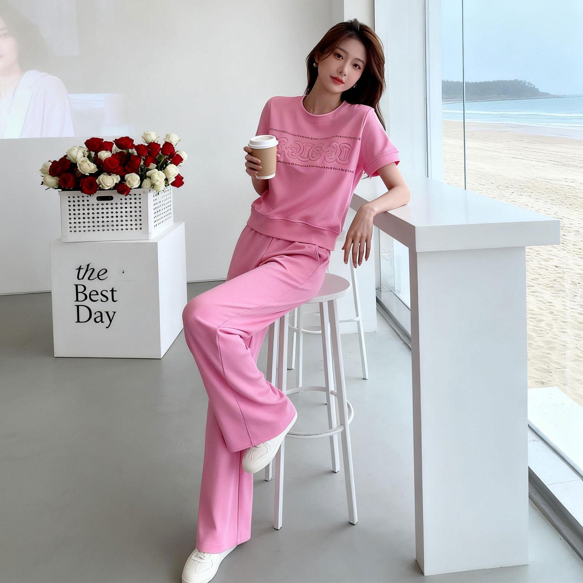 欧洲站休闲运动套装女2026新款夏季减龄粉色短袖上衣阔腿裤两件套