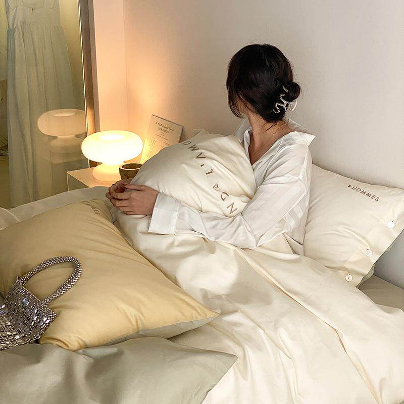 100支~轻奢风撞色长绒棉四件套全棉贡缎简约字母双人刺绣被套床品