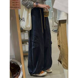 女裤秋冬藏青色工装裤女季薄款宽松bf慵懒风大码胖mm显瘦速1004k